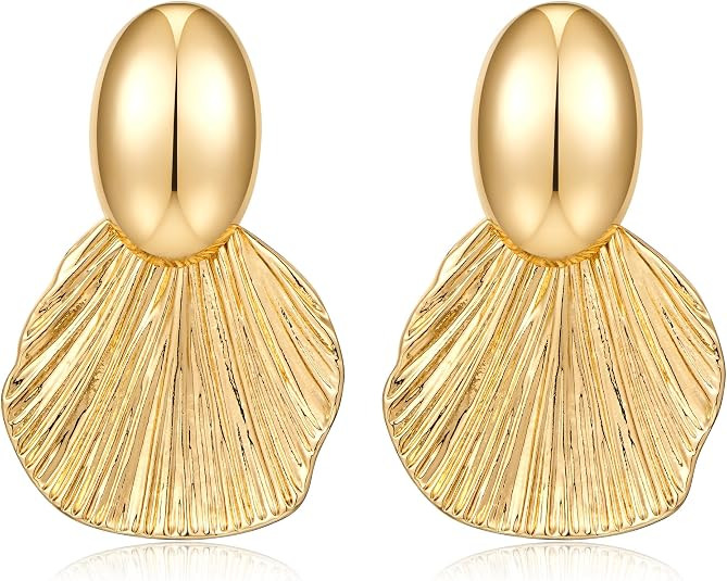 Gold Earrings Dangle Chunky Fan-shaped Earrings Shell Earring for Women Two-Tone Fashion Statemen... | Amazon (US)