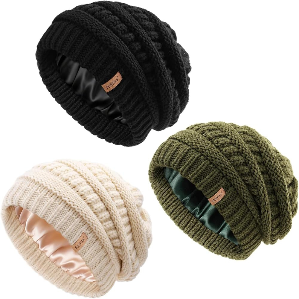 FURTALK Womes Slouchy Winter Beanie Knit Hat Satin Lined 3 Pack Thick Warm Fashionable Skull Cap | Amazon (US)