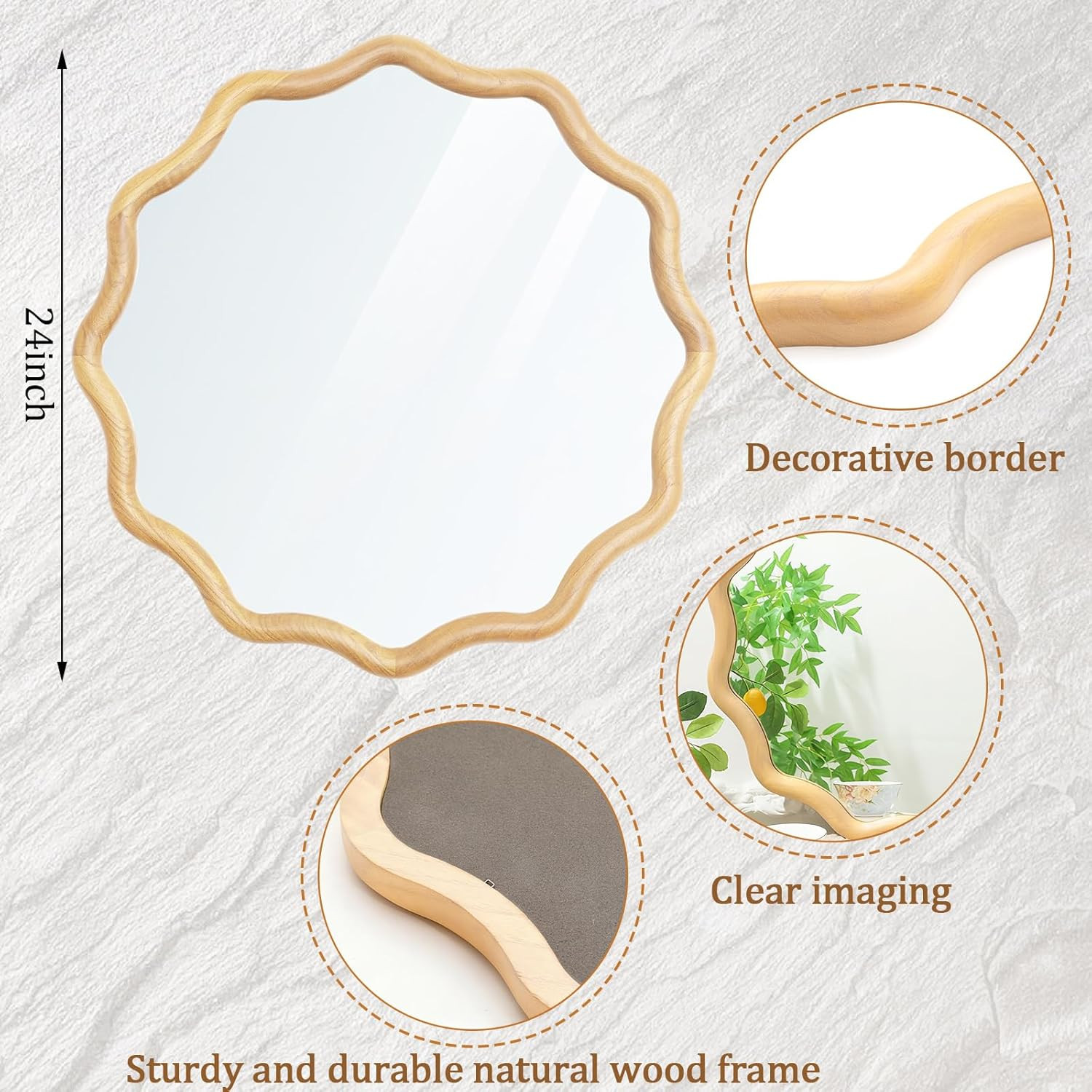 Vercraft 24 Inch Scalloped Wooden Bathroom Round Circle Mirror for Wall, Boho Wavy with Tempered ... | Amazon (US)