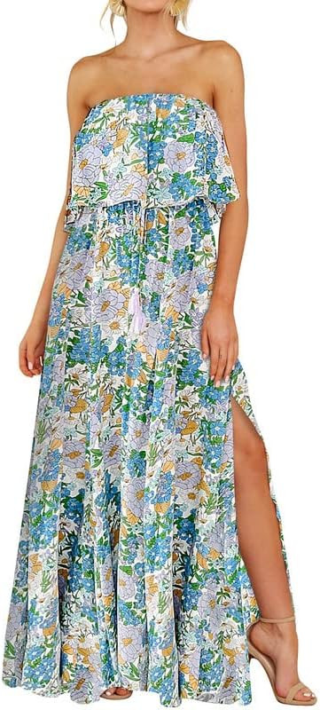 Dokotoo Womens Strapless Dresses Casual Summer High Waist Side Split Flowy Boho Maxi Dress | Amazon (US)