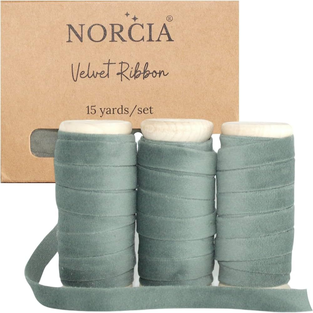 NORCIA Velvet Ribbon 3/8 inches 15Yd with Wooden Spool 3 Rollsx5Yd Eco-Friendly Christmas Ribbon ... | Amazon (US)