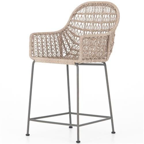 Elena Coastal Beach Beige Wicker Iron Frame Outdoor Counter Stool | Kathy Kuo Home