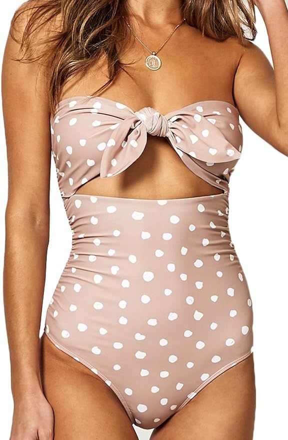 BOOSOULY Women's Beandeau Tie Knot Front Cut Out High Waist One Piece Swimsuits | Amazon (US)