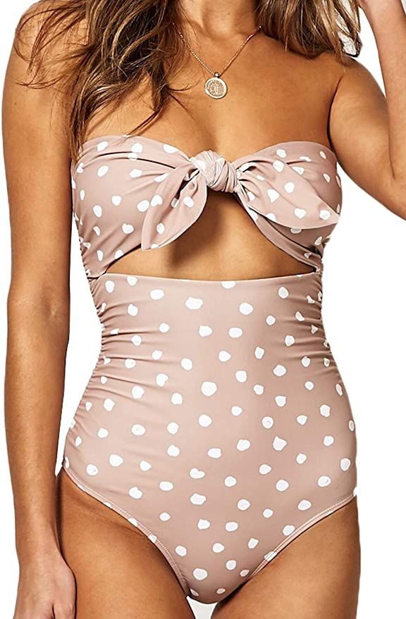 BOOSOULY Women's Beandeau Tie Knot Front Cut Out High Waist One Piece Swimsuits | Amazon (US)