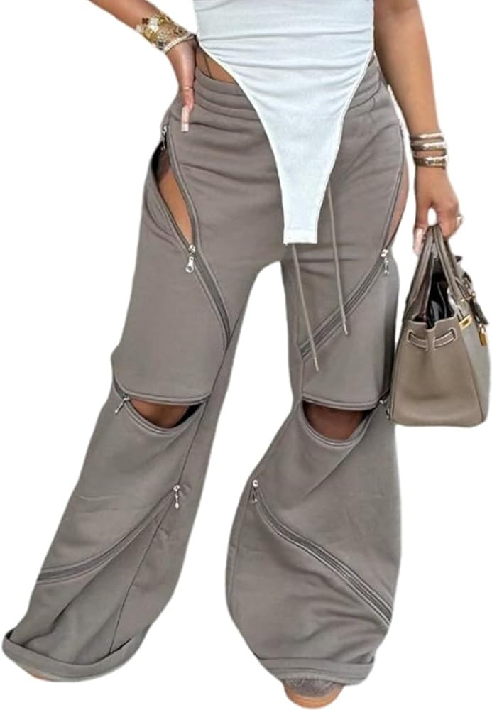 DINGANG Women Wide Leg Baggy Sweatpants High Waisted Flare Pants Y2K Multi Zipper Drawstring Carg... | Amazon (US)