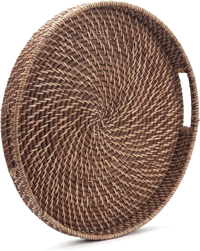 Round Rattan Woven Serving Tray with Handles Ottoman Tray for Breakfast, Drinks, Snack for Coffee... | Amazon (US)