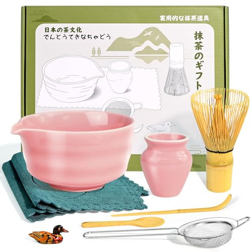 Amosua Matcha Set, 9 Pcs Japanese Matcha Whisk Set Matcha Tea Set for Traditional Tea Ceremony, Ceramic Matcha Kit for Matcha Drinks Matcha Set Whisk and Bowl Gift for Starters & Matcha Lover, Pink | Amazon (US)