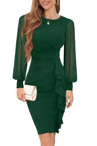 IHOT Bodycon Dresses for Women Elegant Long Mesh Sleeve Ruched Sheath Wedding Party Night Out Cocktail Work Church Pencil Dress to Hide Tummy Dark Green Large | Amazon (US)