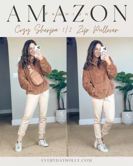 Fuzzy sherpa 1/2 zip pullover is so cozy size small. has front pocket and cinchers. Petite friendly joggers xs, 💥 Sale alert sling bag comes in several color options. long and lean soft layering tanks come in a 2 pack xs, you can wear a regular bra. Winter outfit, fall outfit, comfy style

#LTKover40 #LTKstyletip #LTKSeasonal