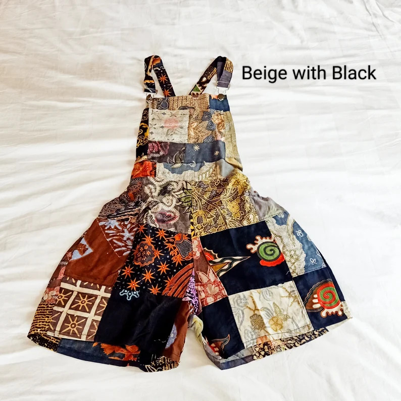Patchwork Cotton Overall Shorts: Upcycled Hippie Style Shortalls Greens, Blues, Purples and Natur... | Etsy (Global)