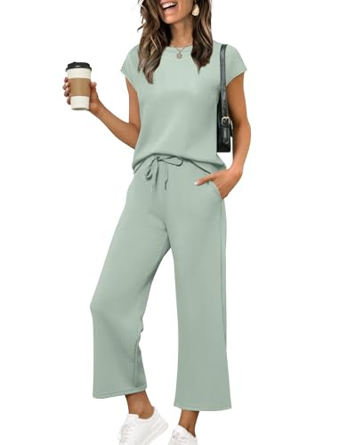 SAMPEEL 2 Piece Outfits for Women Tropical Beach Vacation Sets Summer Clothes Soft Travel Outfits Wide Leg Crop Pants Sets Cap Sleeve Tops M | Amazon (US)