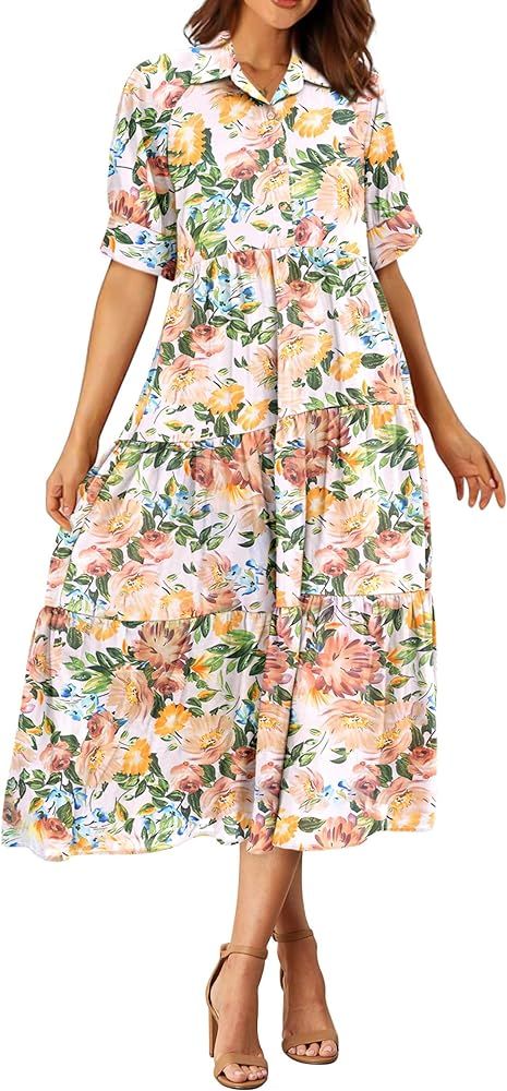 PRETTYGARDEN Summer Dress for Women Short Sleeve Button Up Ruffle A Line Flowy Maxi Dresses | Amazon (US)