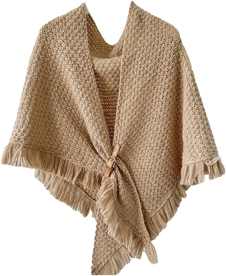 Women's Triangle Knotted Shawl Wraps Casual Knitted Sweater Scarf Retro Cardigan Cape Travel Stoles Shoulder Tops | Amazon (US)