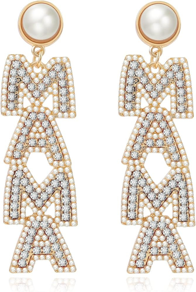 MAMA Letter Dangle Earrings Mother's Day Earrings for Women for Mom Long Pearl Beaded MAMA Letter Ea | Amazon (US)