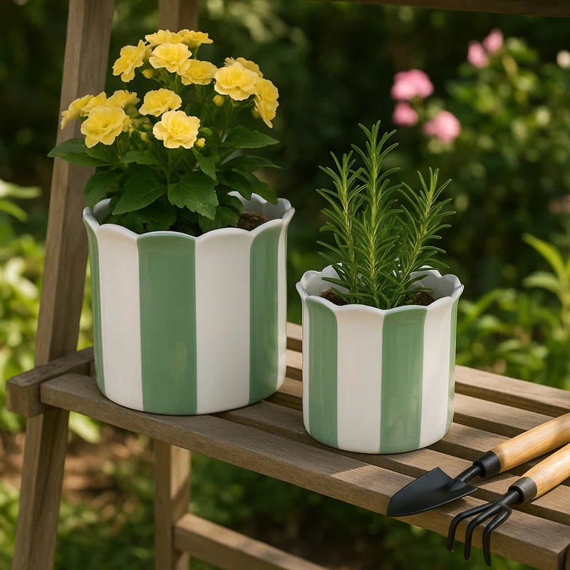Ceramic Outdoor Planters - Striped Flower Pots With Scalloped Edge - Indoor Planter For Plants, F... | Wayfair North America