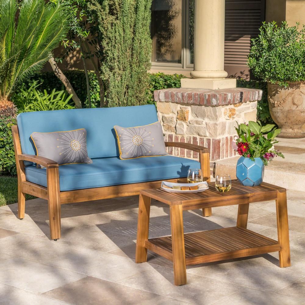 Noble House Grenada Teak Brown 2-Piece Wood Patio Conversation Set with Blue Cushions | The Home Depot