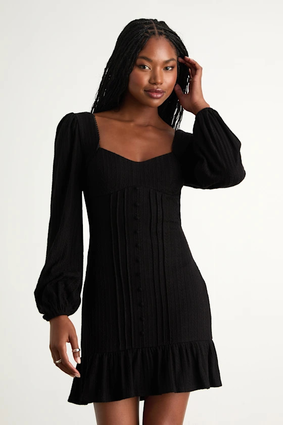 Coveted Sweetness Black Pointelle Knit Long Sleeve Mini Dress | Lulus