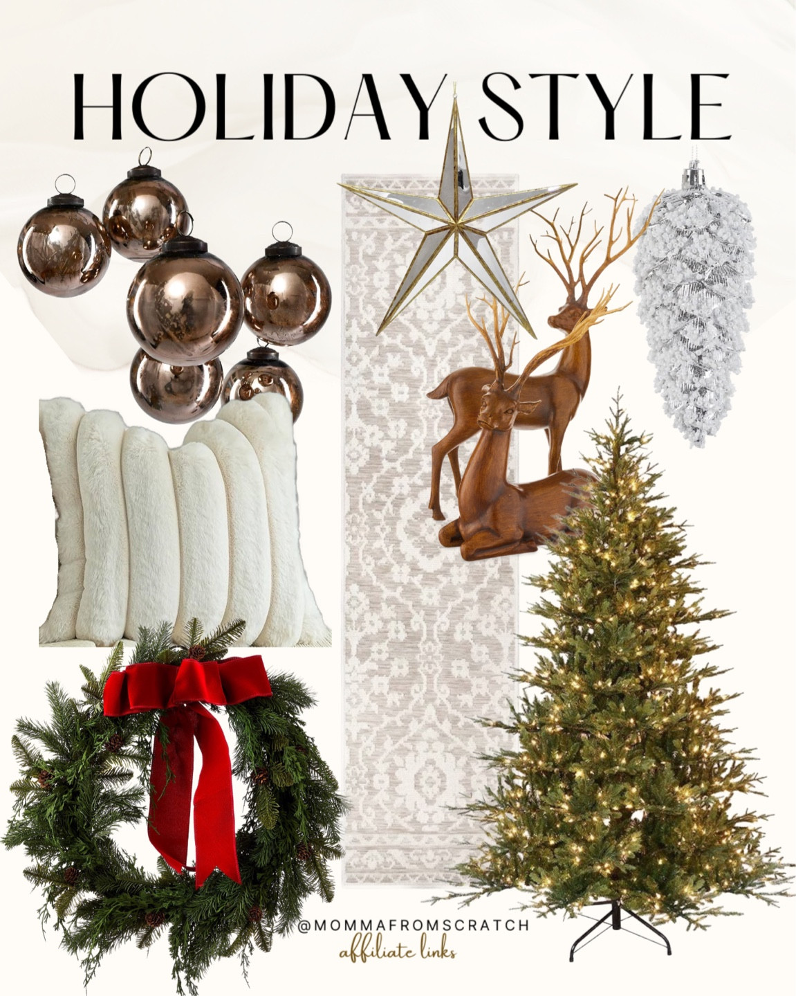 Holiday home decor staples for decorating for Christmas! Christmas tree, wreath, mercury glass ornaments, fur pillows, runner rug, reindeer. 

#LTKHolidaySale #LTKHoliday #LTKSeasonal