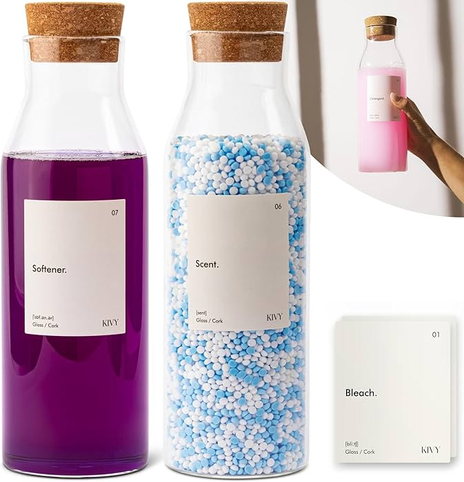 KIVY Glass Laundry Detergent Dispenser + Labels - Set of 2 Glass Jars for Laundry Room Organizati... | Amazon (US)