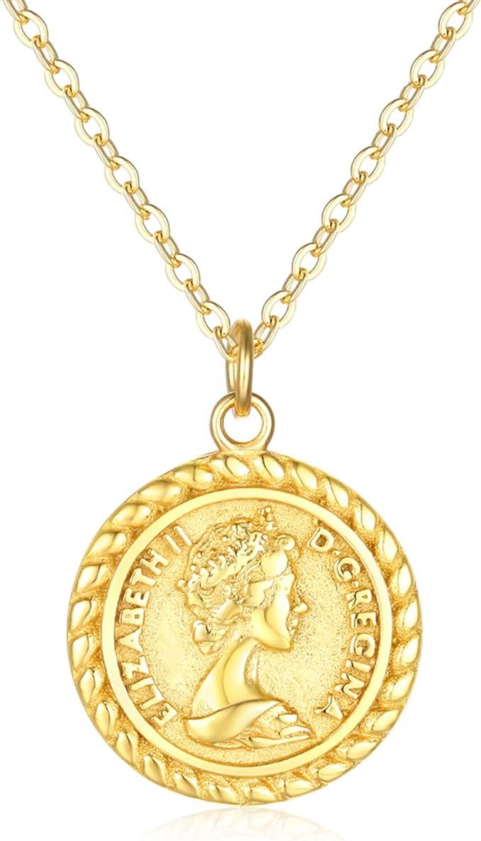 VACRONA Coin Necklace 18k Gold Plated Vintage Textured Medallion Coin Pendant Round Circle Disk D... | Amazon (US)