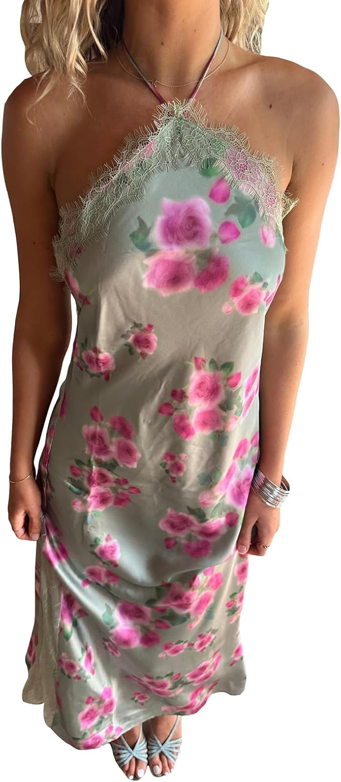 Women Sexy Backless Halter Neck Maxi Dress Floral Print Sleeveless Summer Long Dress for Cocktail... | Amazon (US)