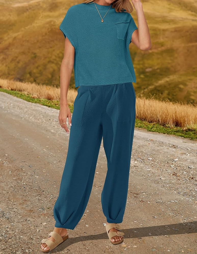 ZESICA Women's 2 Piece Outfits Sweater Set Short Sleeve Mock Neck Knit Pullover Top High Waist Pant  | Amazon (US)