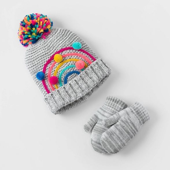 Toddler Girls' 2pk Rainbow Crochet Beanie with Mittens Set - Cat & Jack™ Heather Gray | Target