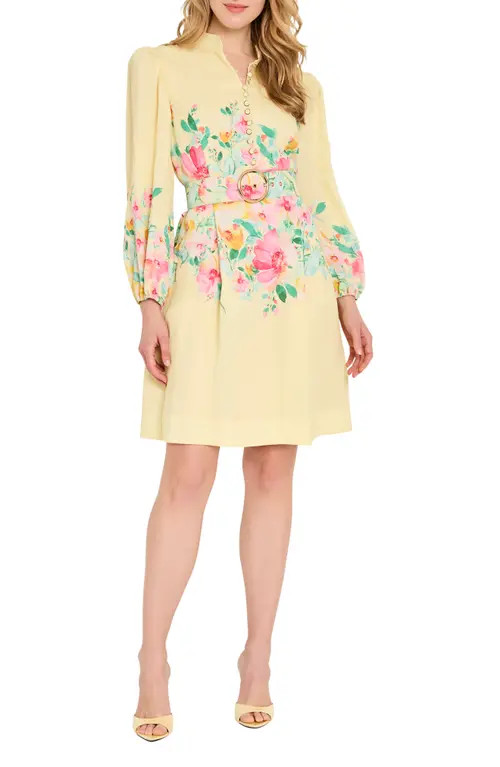 Tahari ASL Floral Print Button Front Long Sleeve Dress in Buttercup Multi at Nordstrom, Size 4 | Nordstrom