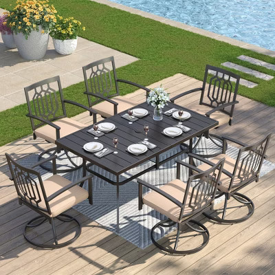 Captiva Designs 7pc Outdoor Slat-top Rectangle Steel Dining Table & Swivel Metal Chairs with Fusiform Backs | Target