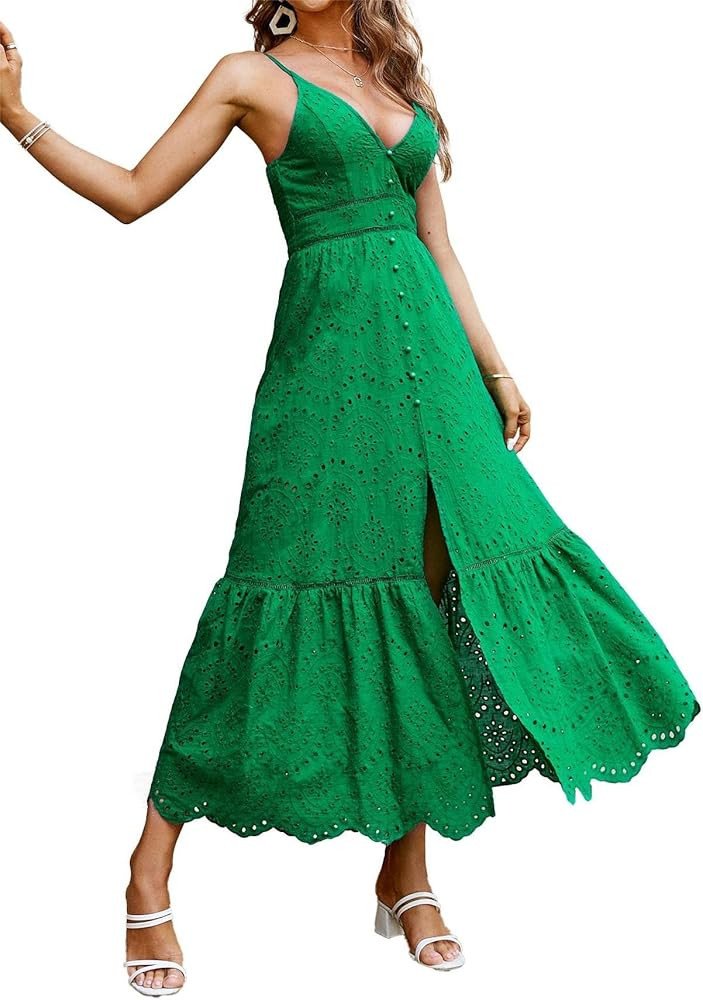 BerryGo Women's Embroidery Pearl Button Down Dress V Neck Spaghetti Strap Maxi Dress | Amazon (US)