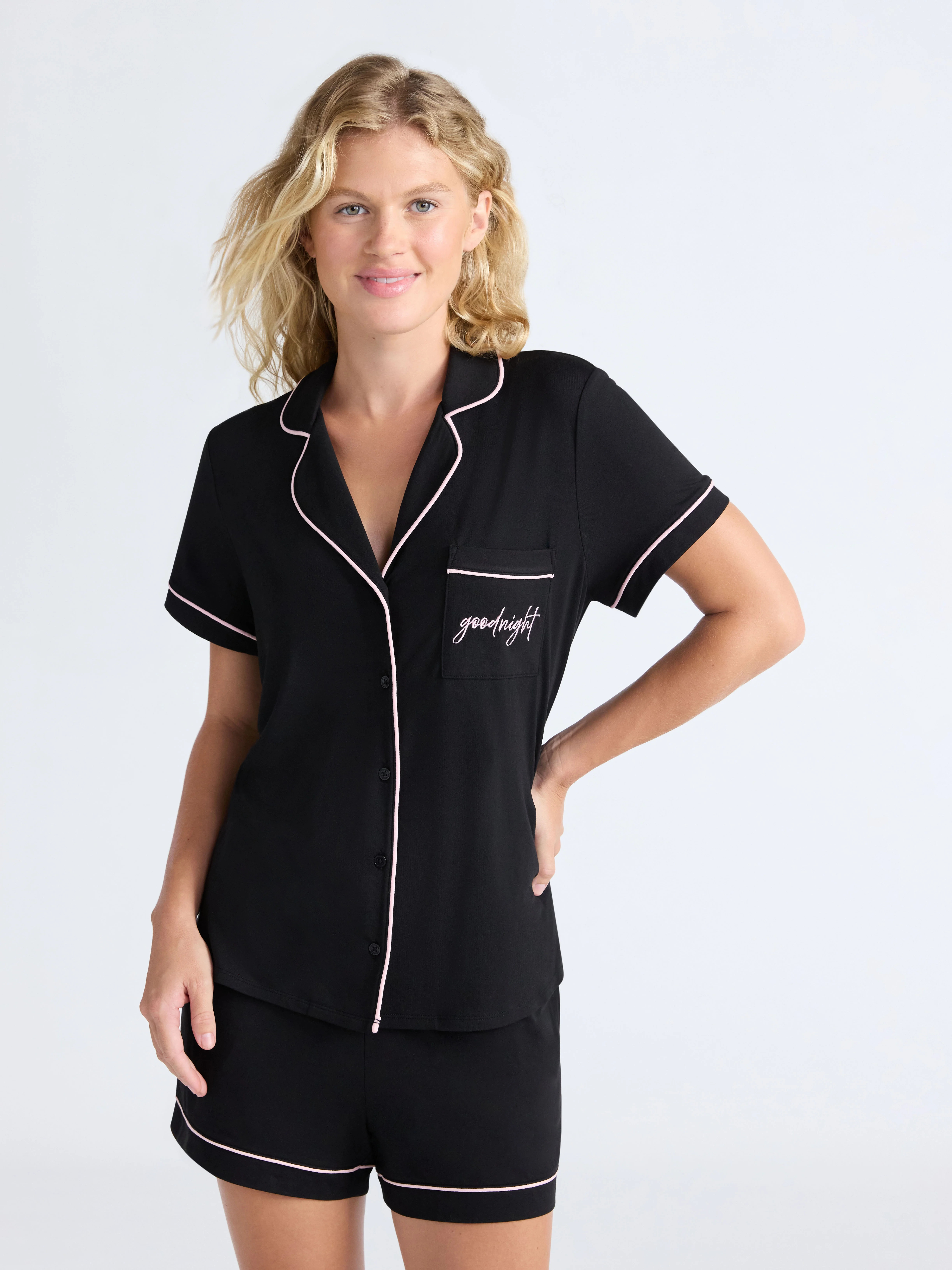 Joyspun Women’s Dreamy Soft Collection Notch Collar Knit Top and Boxer Shorts Pajama Set, Sizes... | Walmart (US)