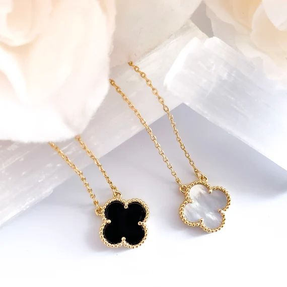 18K Gold Mother of Pearl clover necklace - Black Agate clover pendant necklace - Four leaf gold n... | Etsy (US)