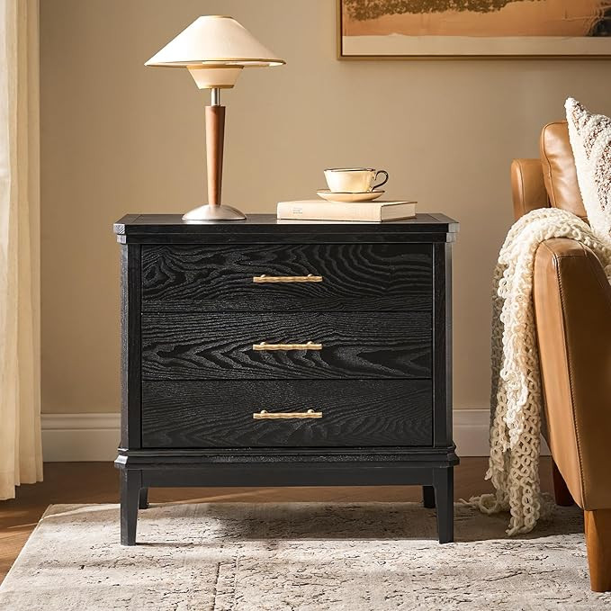 HULALA HOME Solid Wood End Table with Metal Handles, 3 Drawer Storage End Table with Charging Sta... | Amazon (US)