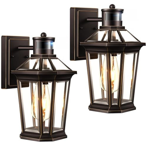 VIANIS Outdoor Motion Sensor Porch Light, Anti-rust 2-Pack Exterior Lighting Fixtures, Farmhouse Oil Rubbed Bronze Gold Trim Exterior Light,Waterproof Dusk to Dawn Outdoor Lighting with Tempered Glass | Amazon (US)