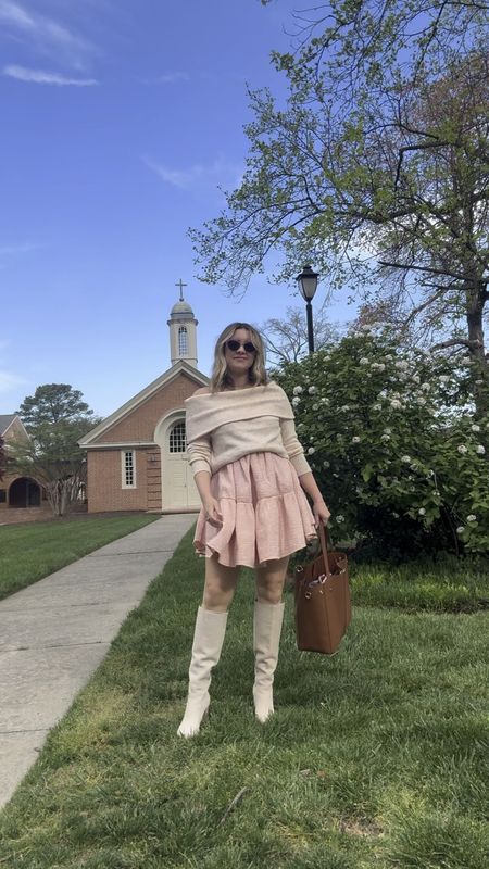Cozy pink spring outfit with knee high boots and sweater layered over a mini dress 

#LTKSeasonal #LTKshoecrush #LTKstyletip