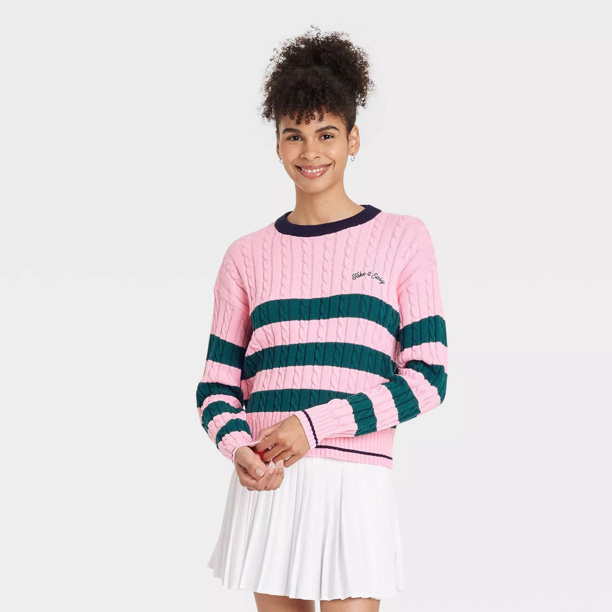 Women's Striped Cable Knit Pullover Sweater - All In Motion™ Pink M | Target