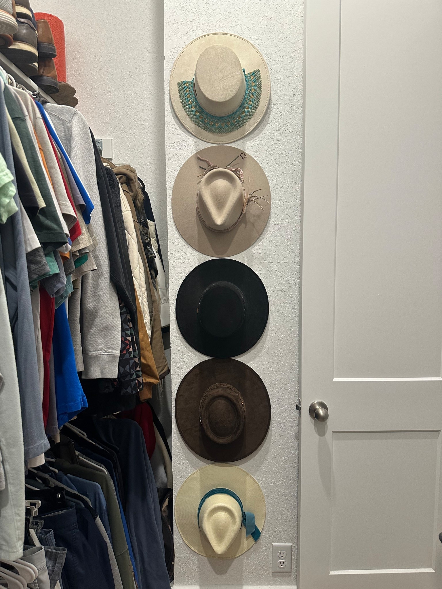 The perfect solution for hanging your hats!! They are clear too so they don’t draw a lot of attention when your hat is not on the hanger!! I wish I would’ve done this sooner!! It has an option to stick or be screwed in. We opted for screwing it in just in case the adhesive would mess up the texture and paint! 

#LTKBeauty #LTKHome #LTKStyleTip