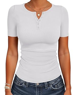 ANRABESS Womens Tops Short Sleeve Henley Shirts 2026 Summer Ribbed Slim Fit Basic Casual Tee Blou... | Amazon (US)