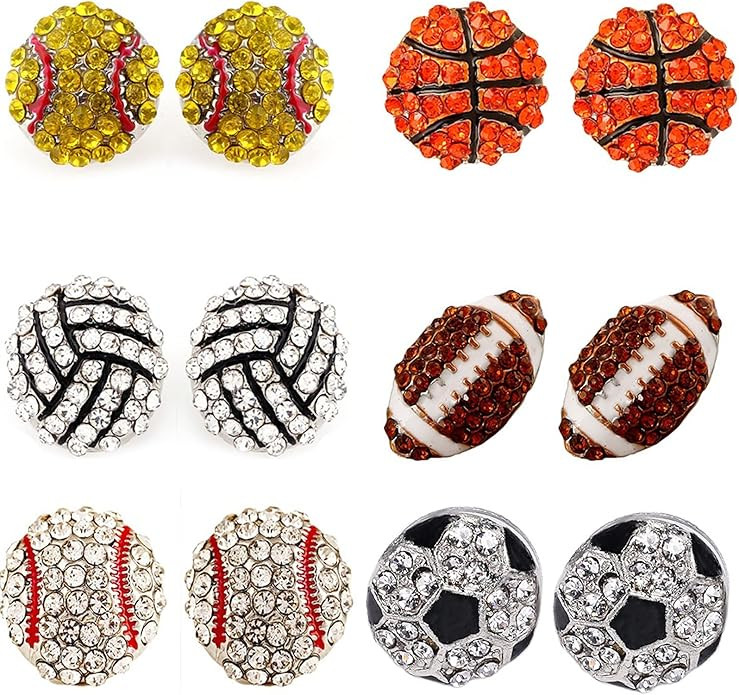 A Pair Unique Rhinestone Stud Drop Stackable Cute Basketball Volleyball Baseball Football Rugby S... | Amazon (US)