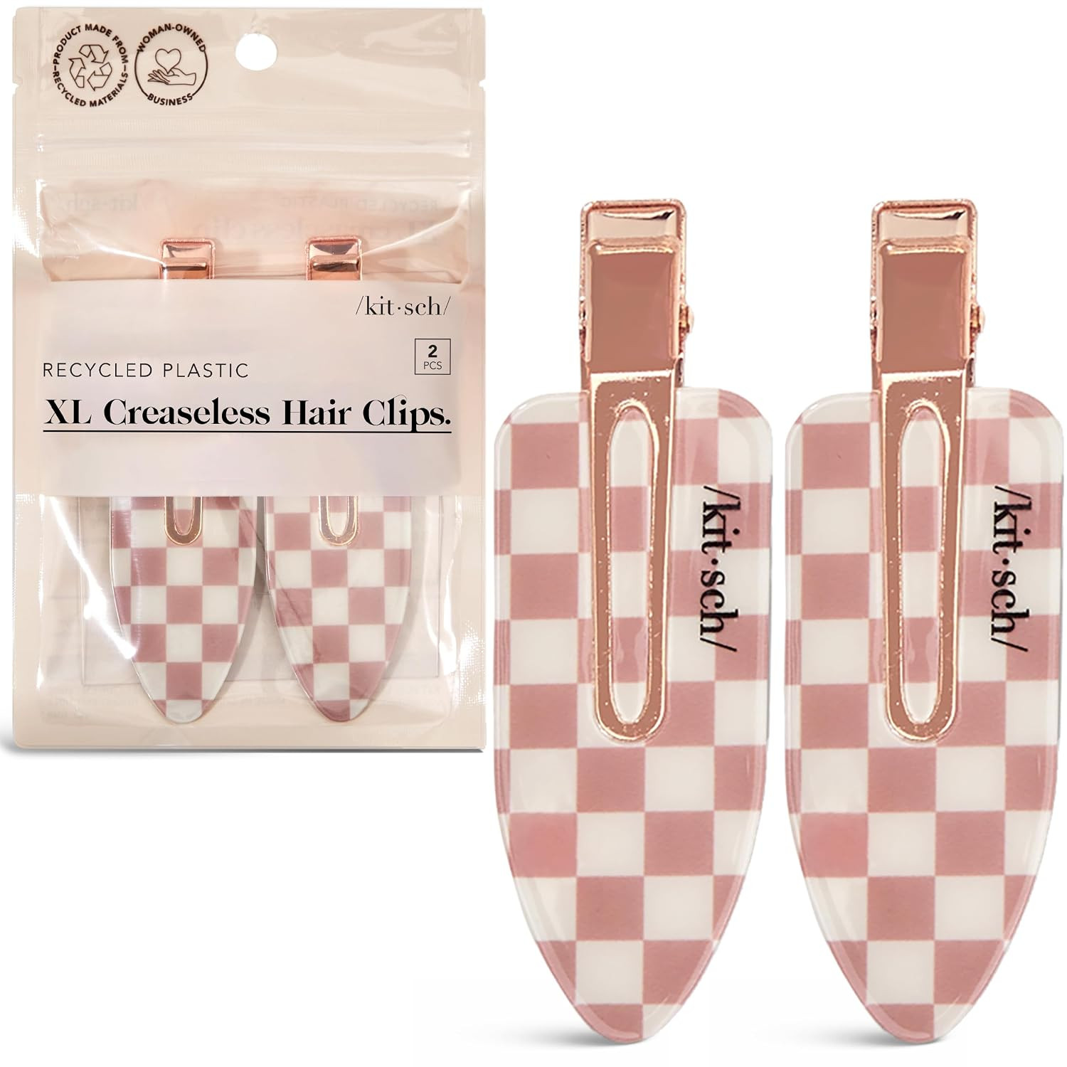 Kitsch Creaseless Hair Clips - Recycled Plastic XL No Bend Hair Clips for Makeup | No Crease Hair Clips | Stylish Make Up Hair Clip | Hair Accessories Styling Clips, 2pcs (Terracotta Checker) | Amazon (US)