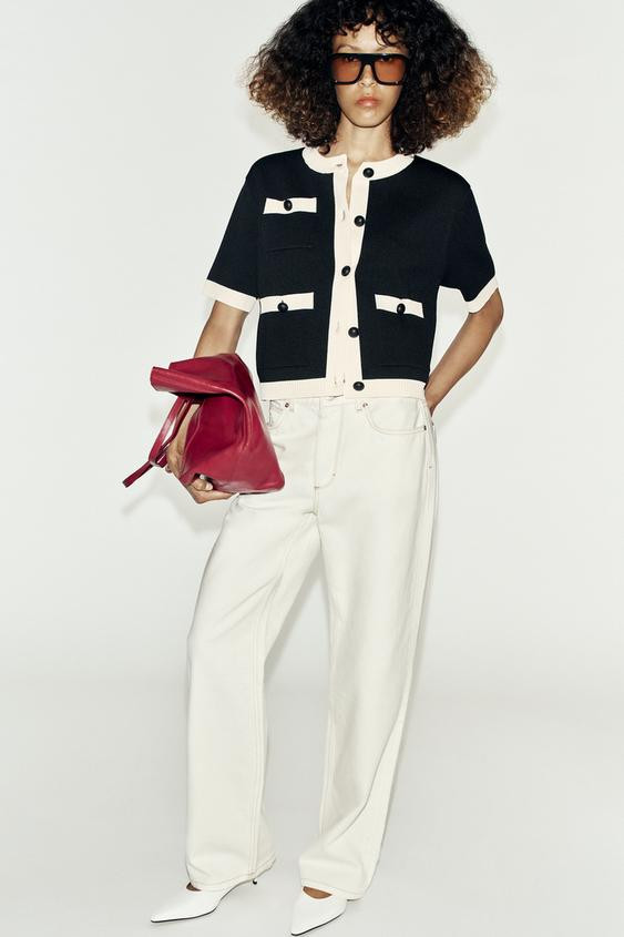 Zara - Short Sleeve Cardigan With Pockets - Black / White - Xl - Woman | Zara UK