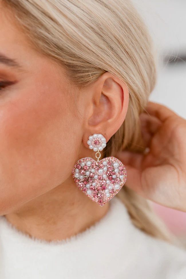 Pink Beaded Diamond Pearl Heart Earrings | Pink Lily
