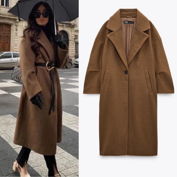 ZARA BLOGGER FAVE Nutty Brown Oversized Coat Faux Wool Lapels Trench Coat S | Poshmark