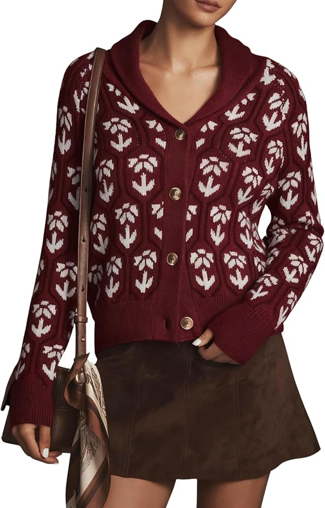 Women Floral Cropped Cardigan Sweaters Shawl Collar Long Sleeve Button Down Knit Jacket Flower Pr... | Amazon (US)