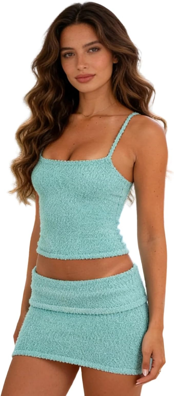 FEORJGP Womens Crochet Knit 2 Piece Skirts Set Long Sleeve Cami Tops with Mini Skirt Knit 2Pcs Sk... | Amazon (US)