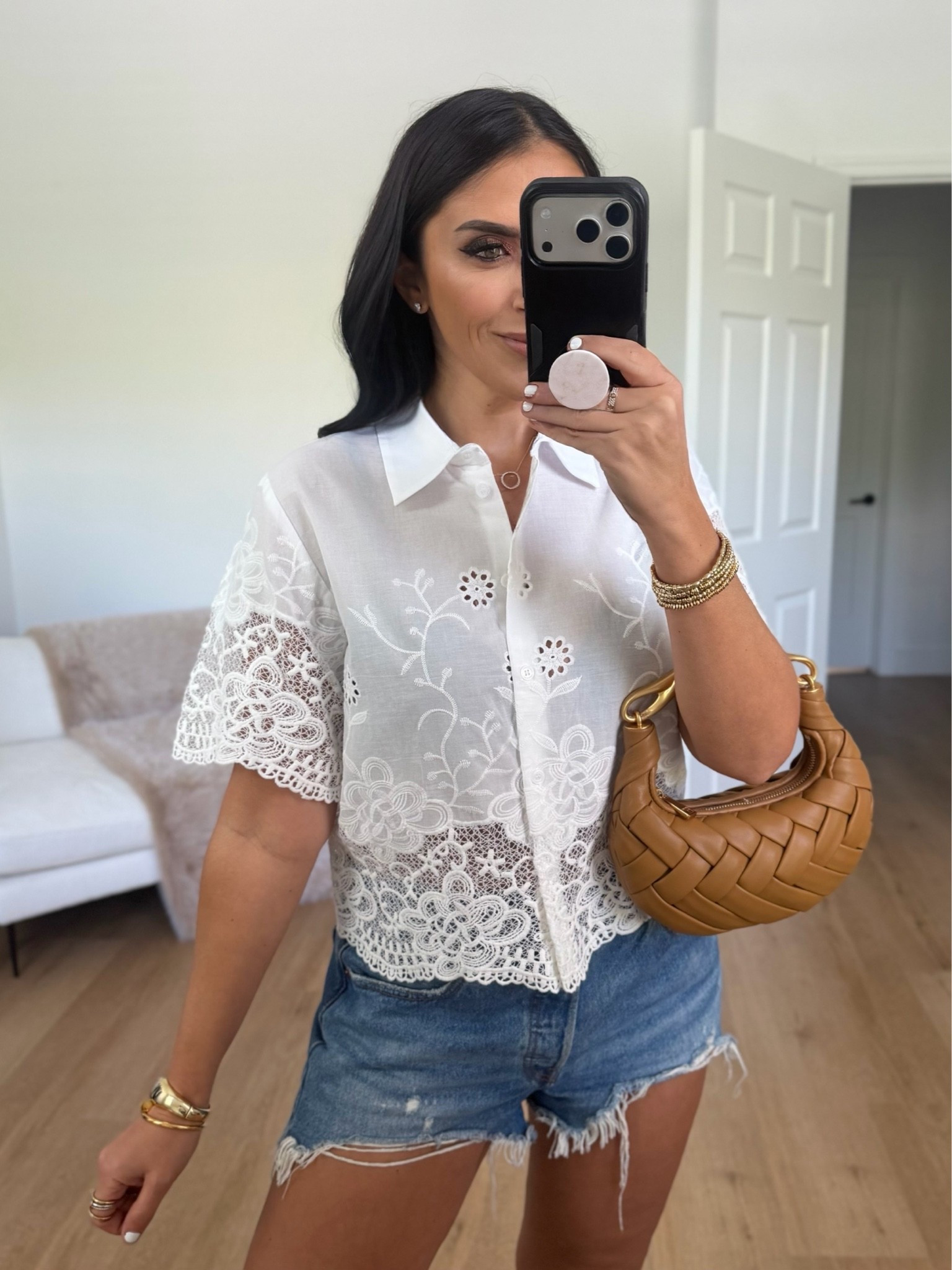 Zara Embroidered eyelet shirt wearing size small.