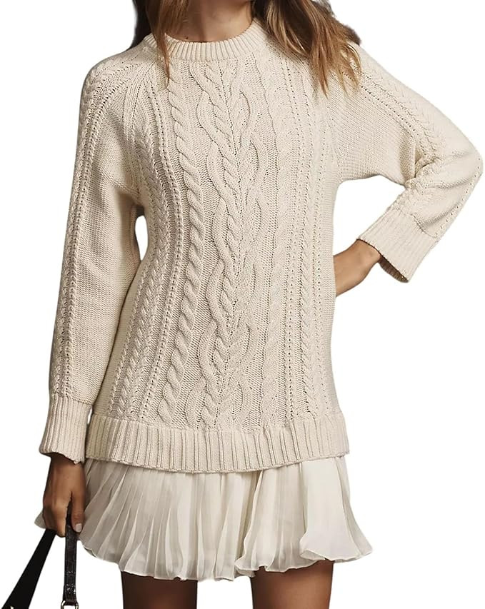 Women Crewneck Cable Knit Sweater Mini Dress - Twofer Style Patchwork Pleated Knit Pullover Dress... | Amazon (CA)