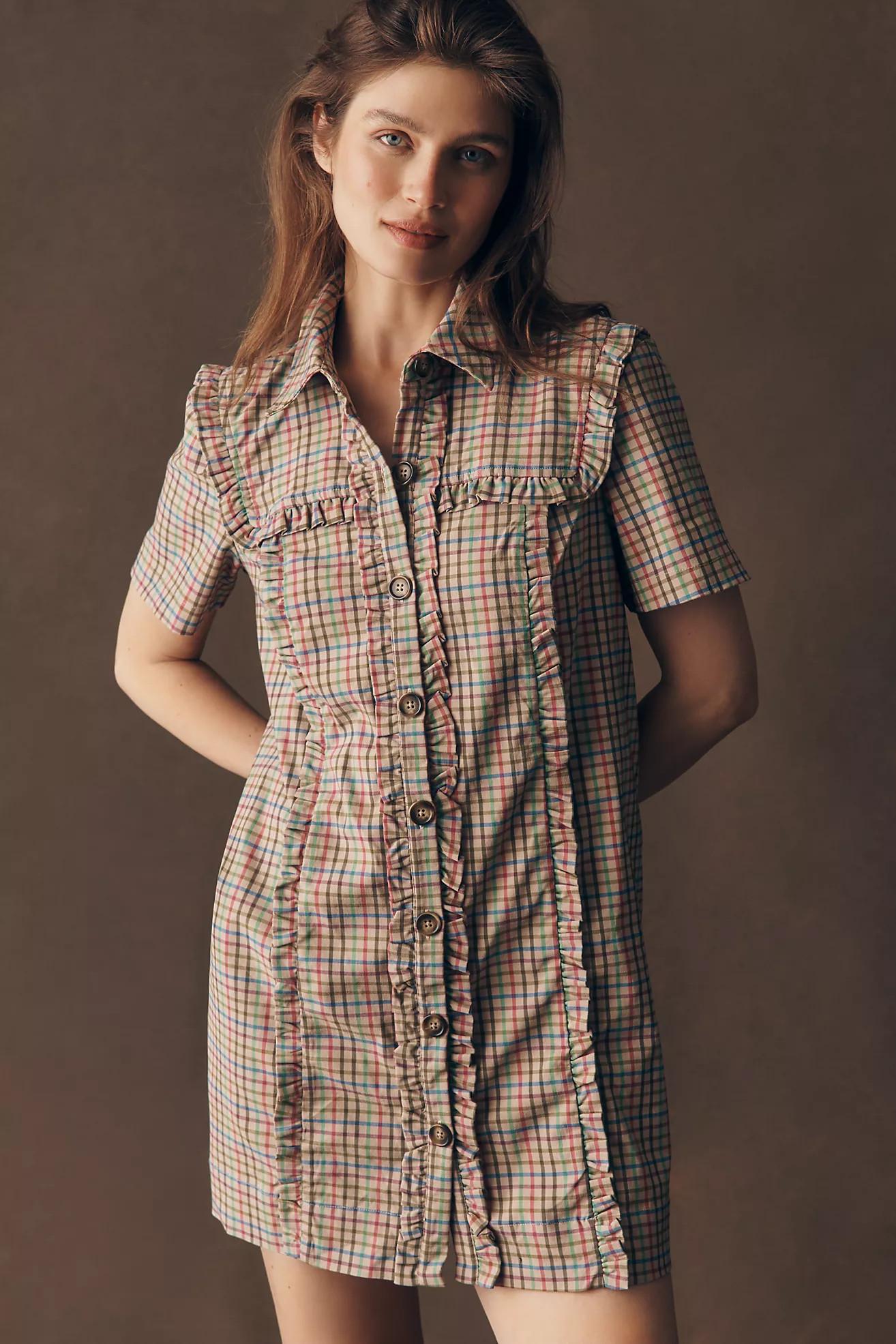 By Anthropologie Short-Sleeve Metallic Brocade Mini Dress | Anthropologie (US)