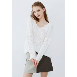 Texture Ribbed Knit V-Neck Sweater in White | Chicwish