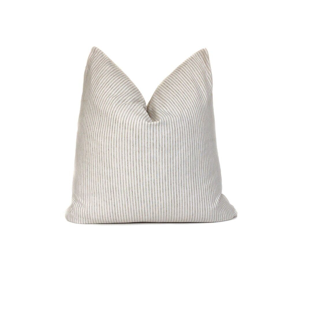 Ticking Stripe Pillow Cover Linen Cotton Blend White Beige - Etsy | Etsy (US)